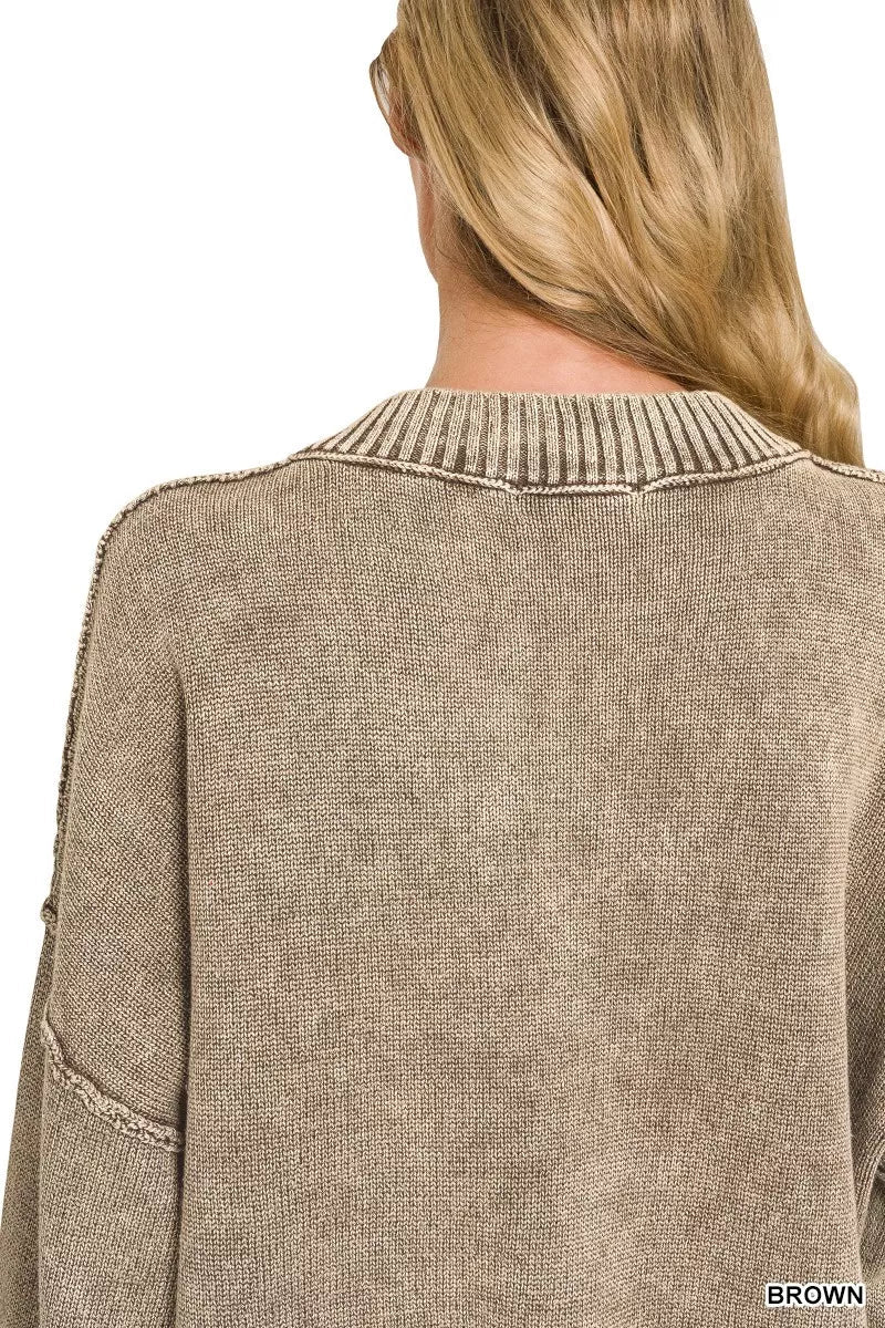 Zenana Washed Deep V-neck Oversized Sweater - Desert Sunday