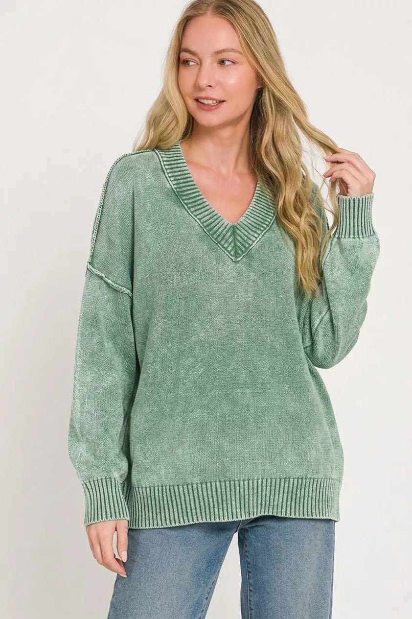 Zenana Washed Deep V-neck Oversized Sweater - Desert Sunday