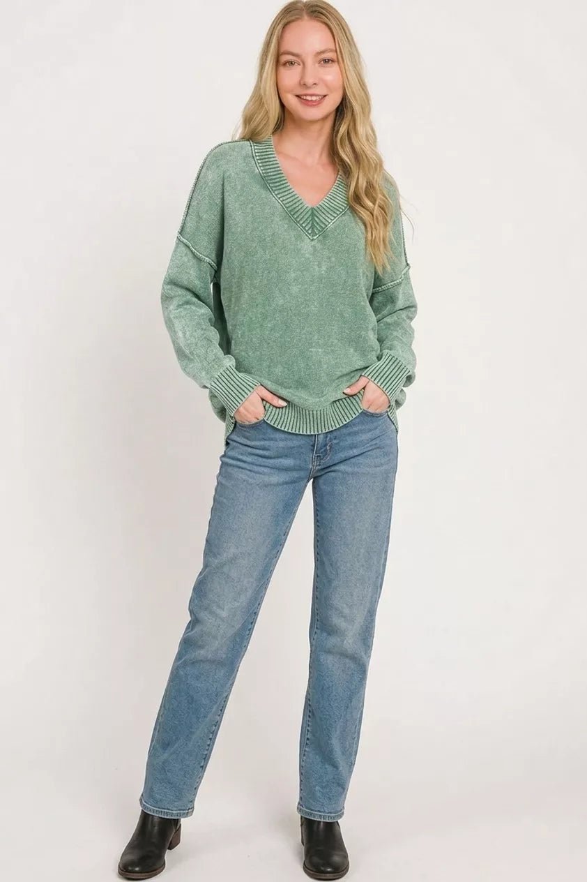 Zenana Washed Deep V-neck Oversized Sweater - Desert Sunday
