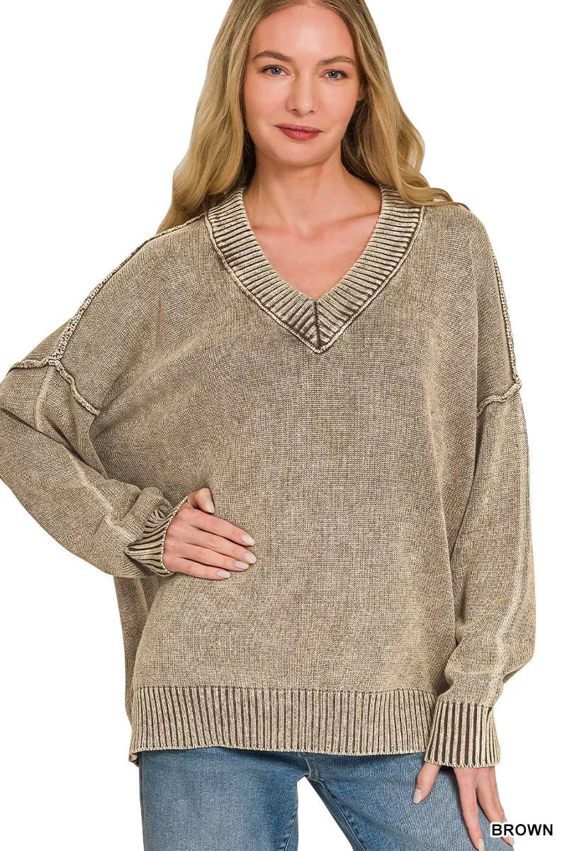 Zenana Washed Deep V-neck Oversized Sweater - Desert Sunday