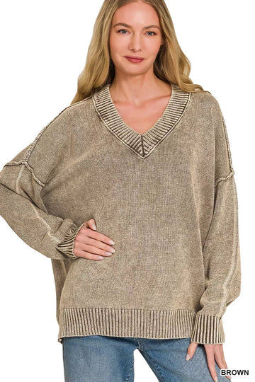 Zenana Washed Deep V-neck Oversized Sweater - Desert Sunday