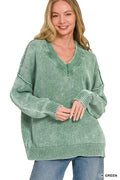 Zenana Washed Deep V-neck Oversized Sweater - Desert Sunday