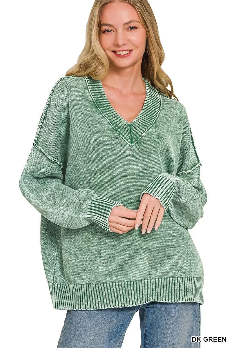 Zenana Washed Deep V-neck Oversized Sweater - Desert Sunday