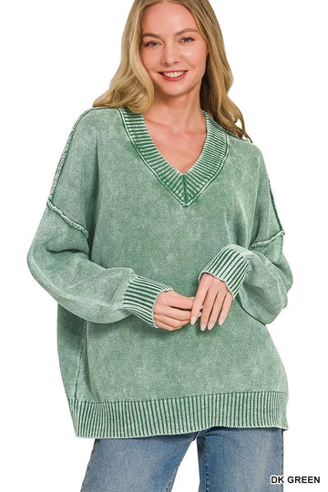 Zenana Washed Deep V-neck Oversized Sweater - Desert Sunday