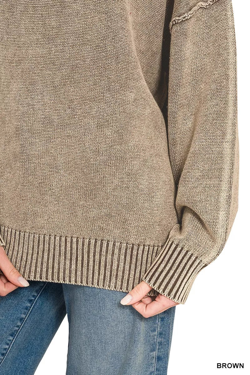 Zenana Washed Deep V-neck Oversized Sweater - Desert Sunday
