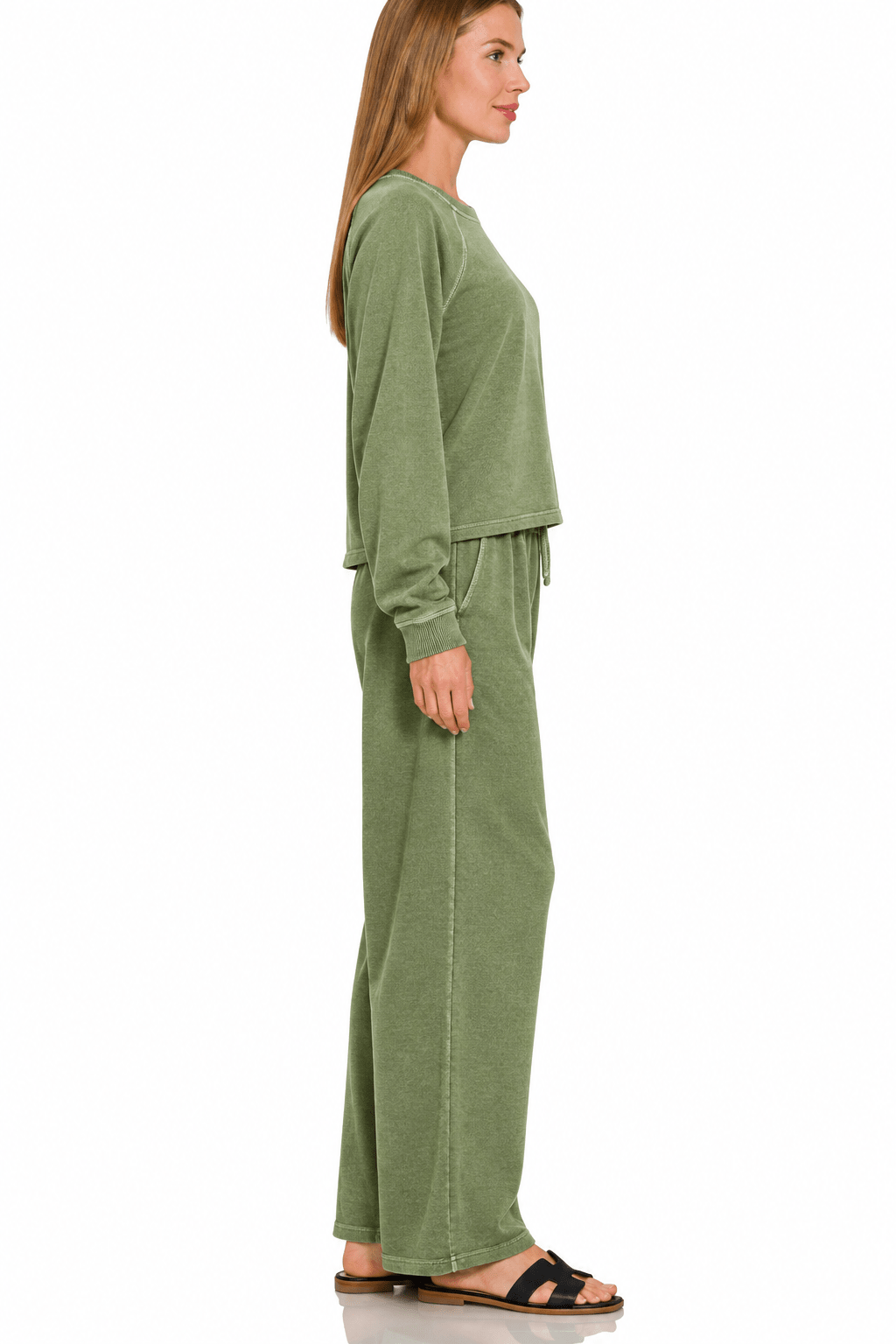 Zenana Washed French Terry Pullover & Pants 2PC Set In Olive - Desert Sunday