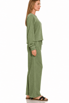 Zenana Washed French Terry Pullover & Pants 2PC Set In Olive - Desert Sunday