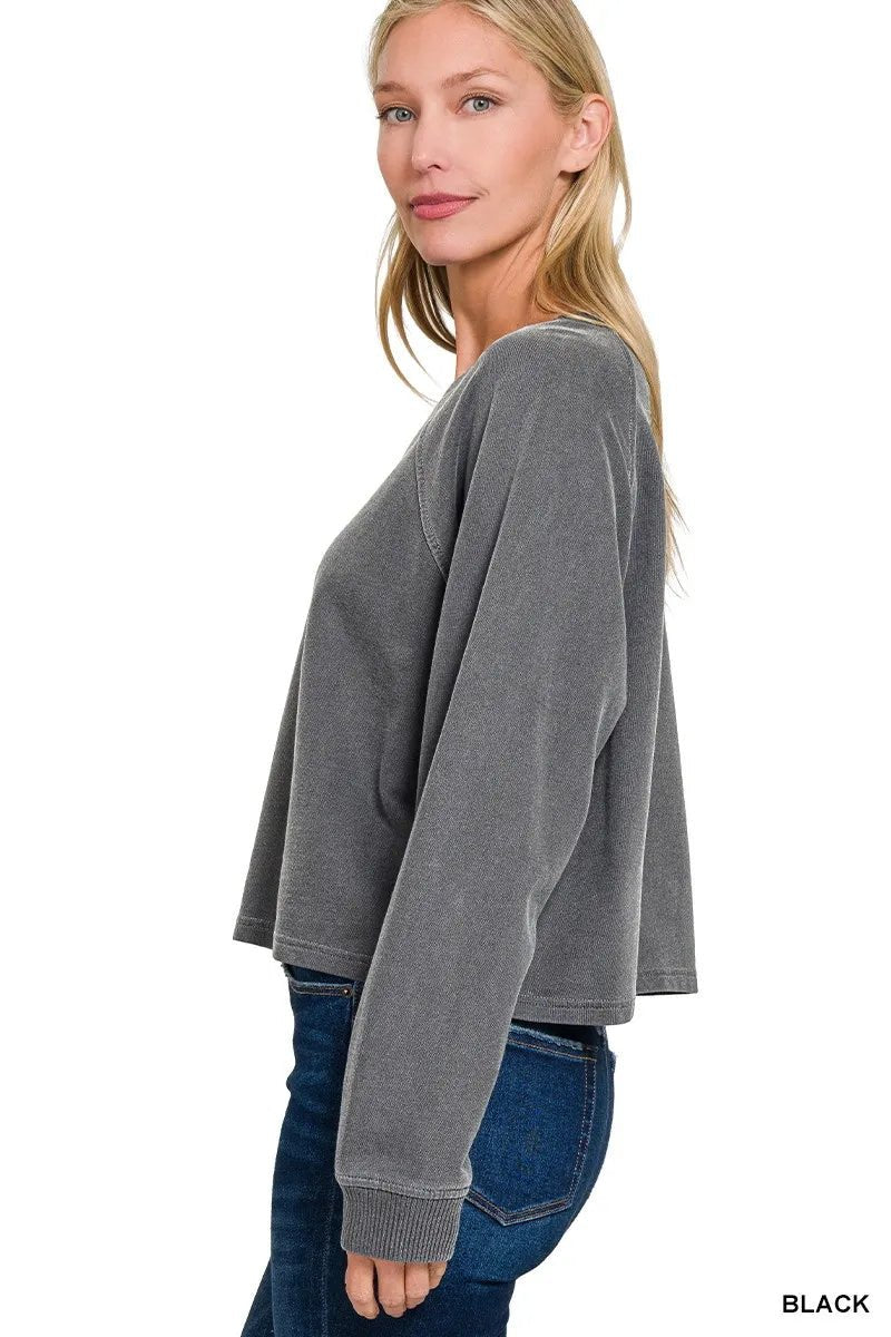Zenana Washed F/terry Round Neck Pullover & Pants Set - Desert Sunday