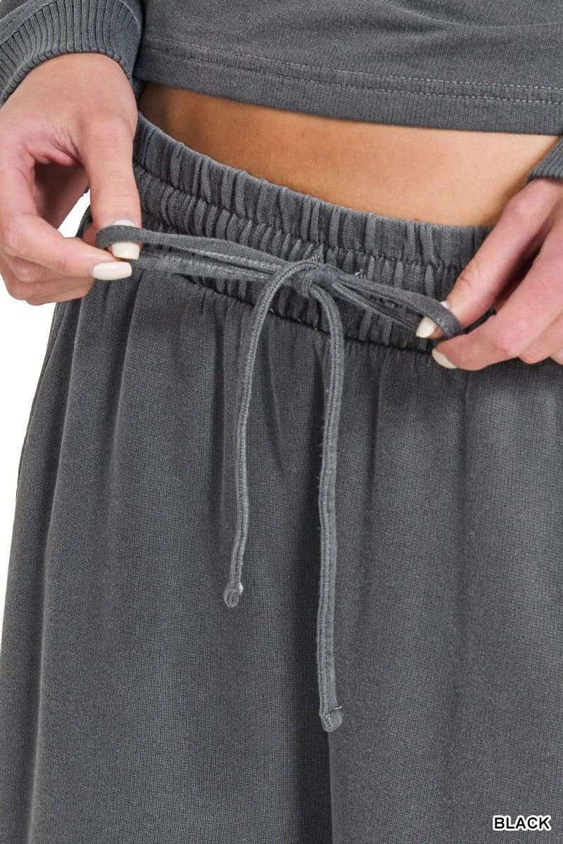 Zenana Washed F/terry Round Neck Pullover & Pants Set - Desert Sunday
