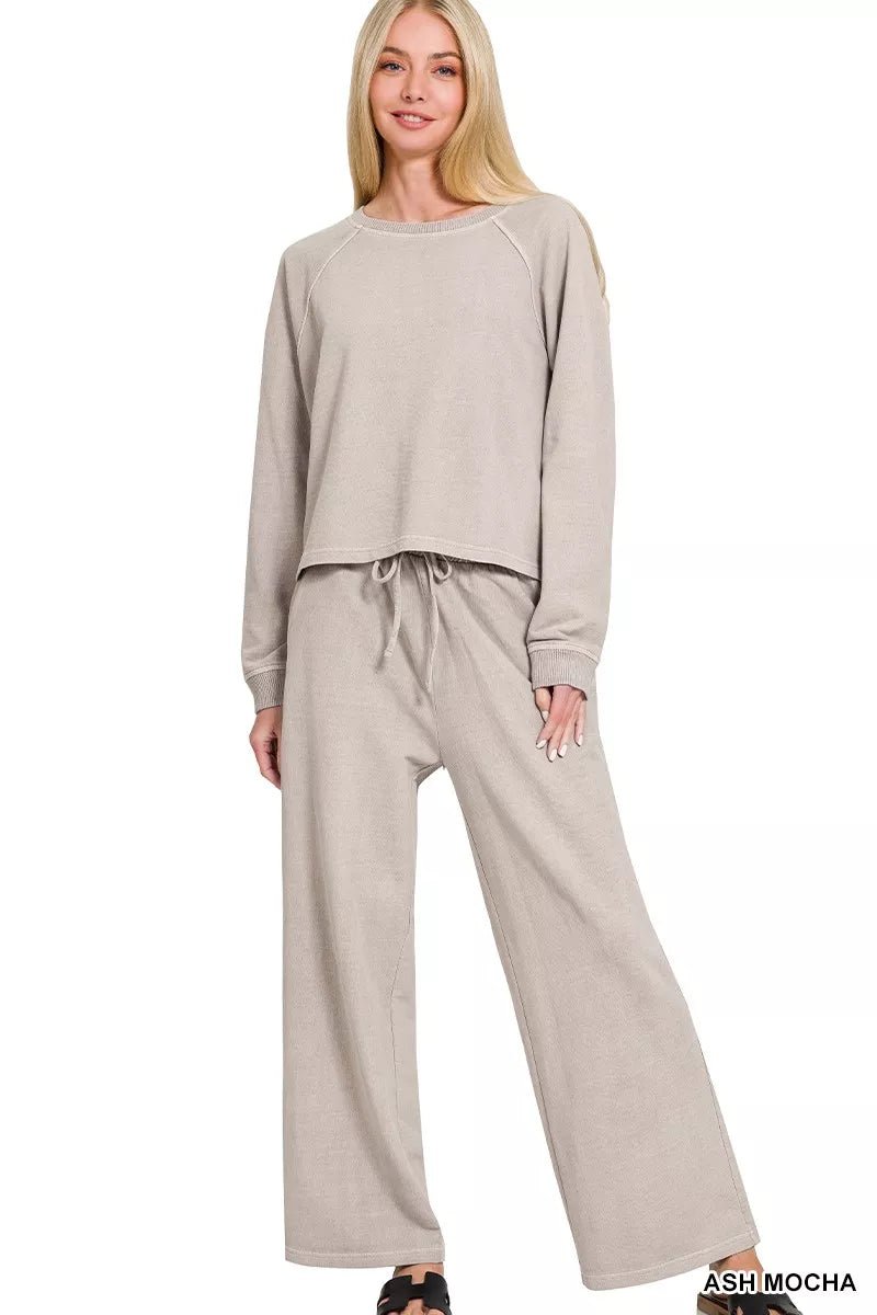 Zenana Washed F/terry Round Neck Pullover & Pants Set - Desert Sunday
