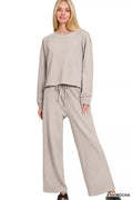 Zenana Washed F/terry Round Neck Pullover & Pants Set - Desert Sunday