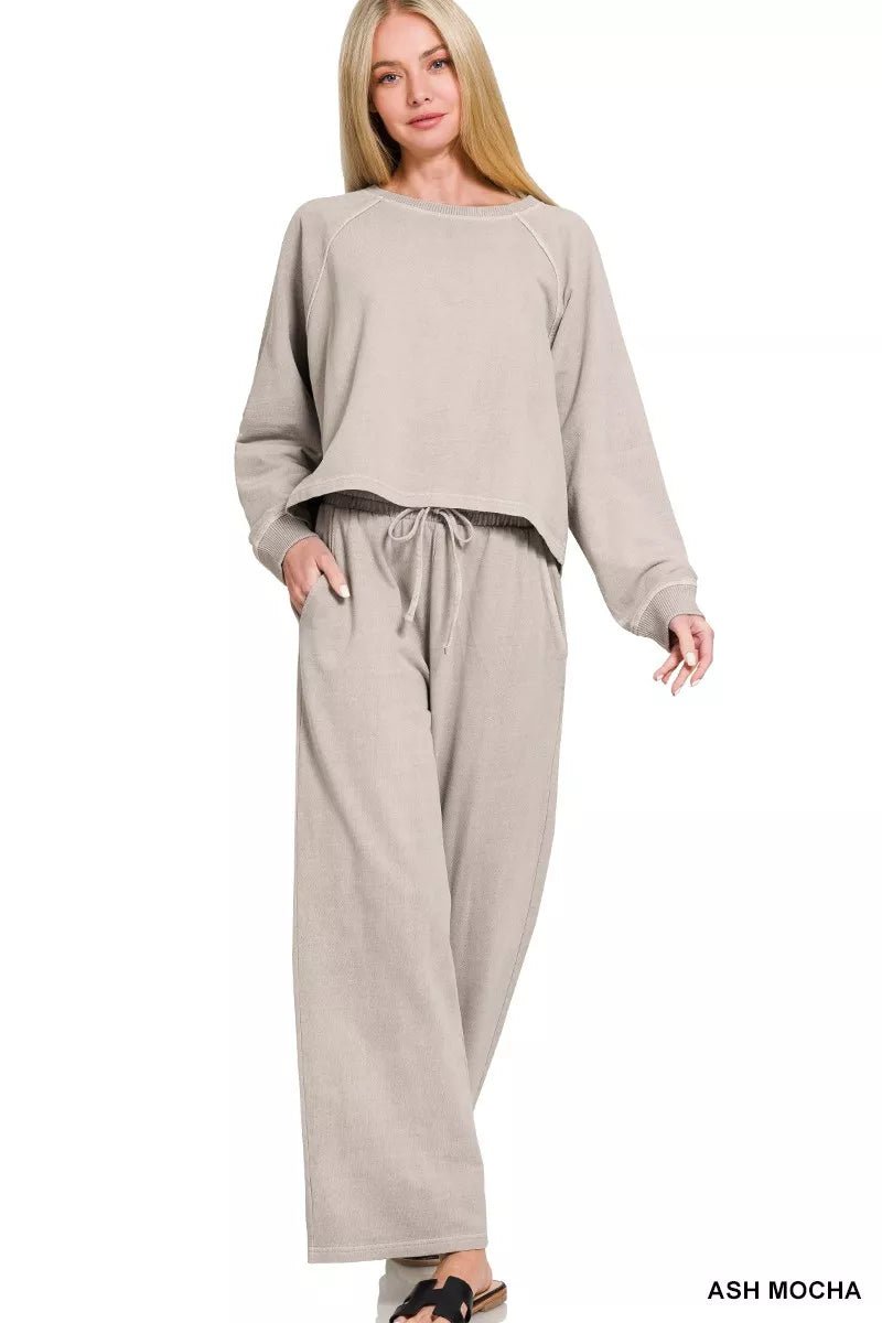 Zenana Washed F/terry Round Neck Pullover & Pants Set - Desert Sunday