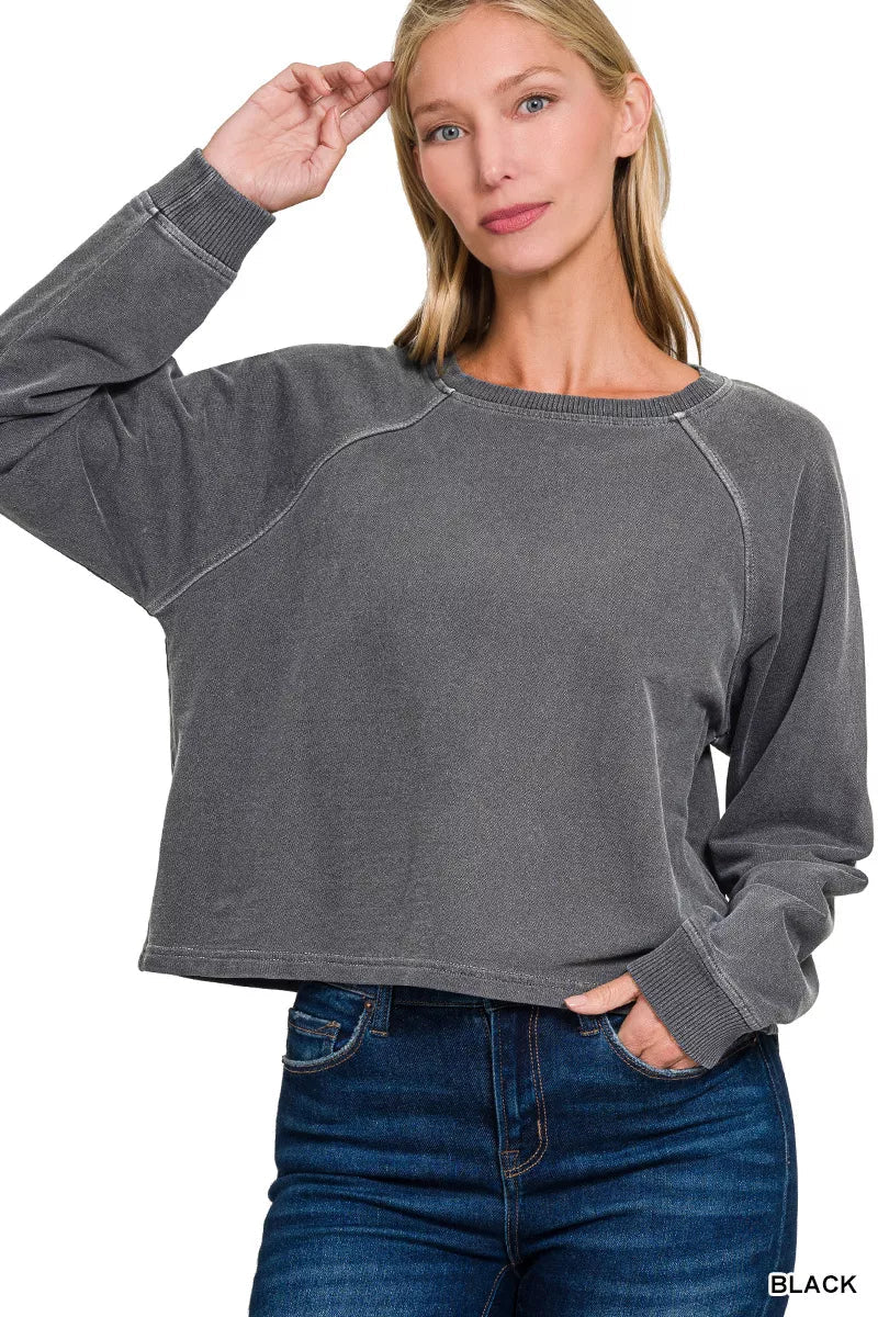 Zenana Washed F/terry Round Neck Pullover & Pants Set - Desert Sunday