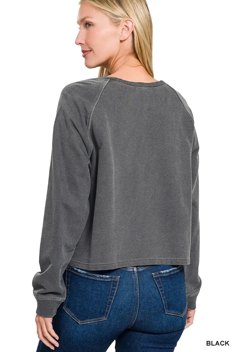 Zenana Washed F/terry Round Neck Pullover & Pants Set - Desert Sunday