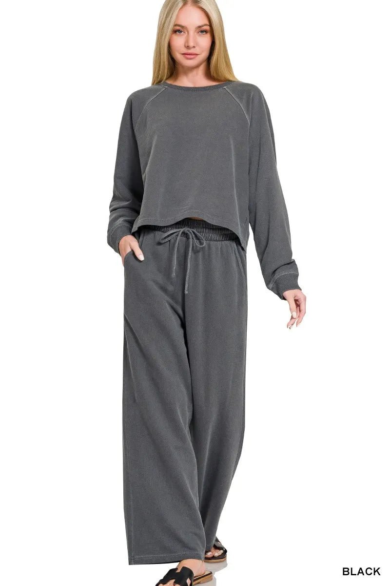 Zenana Washed F/terry Round Neck Pullover & Pants Set - Desert Sunday
