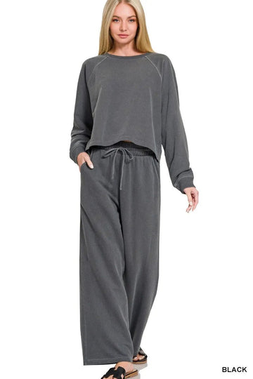 Zenana Washed F/terry Round Neck Pullover & Pants Set - Desert Sunday