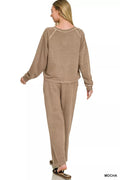 Zenana Washed F/terry Round Neck Pullover & Pants Set - Desert Sunday