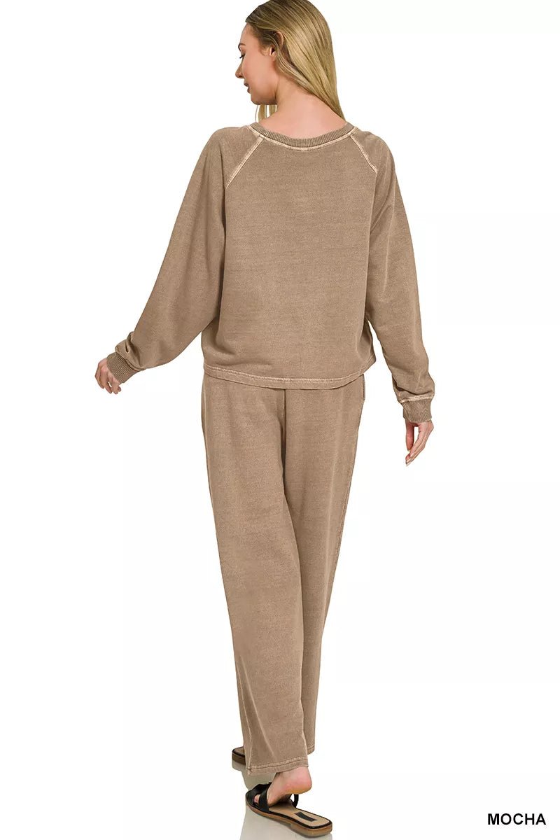 Zenana Washed F/terry Round Neck Pullover & Pants Set - Desert Sunday