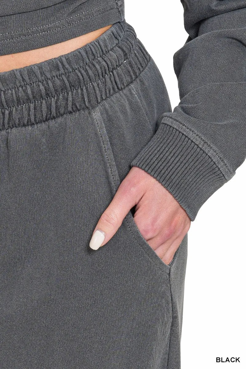 Zenana Washed F/terry Round Neck Pullover & Pants Set - Desert Sunday
