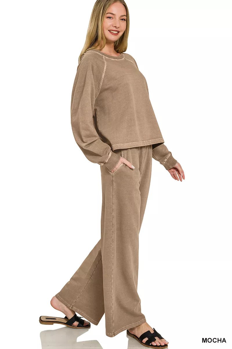 Zenana Washed F/terry Round Neck Pullover & Pants Set - Desert Sunday