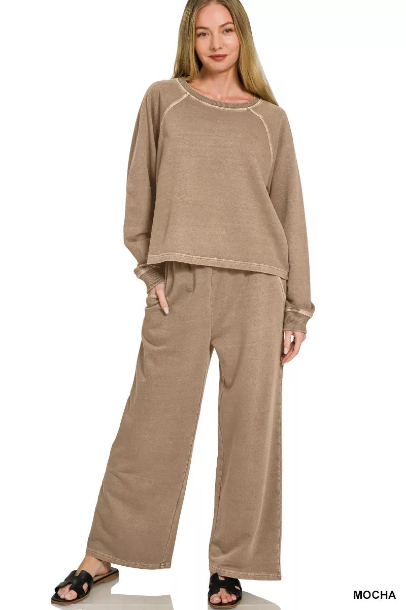 Zenana Washed F/terry Round Neck Pullover & Pants Set - Desert Sunday