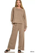 Zenana Washed F/terry Round Neck Pullover & Pants Set - Desert Sunday
