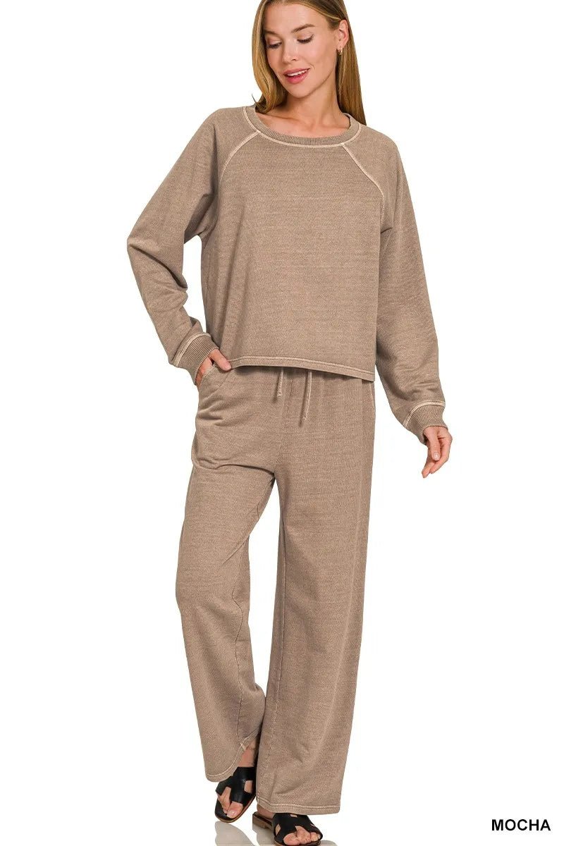 Zenana Washed F/terry Round Neck Pullover & Pants Set - Desert Sunday