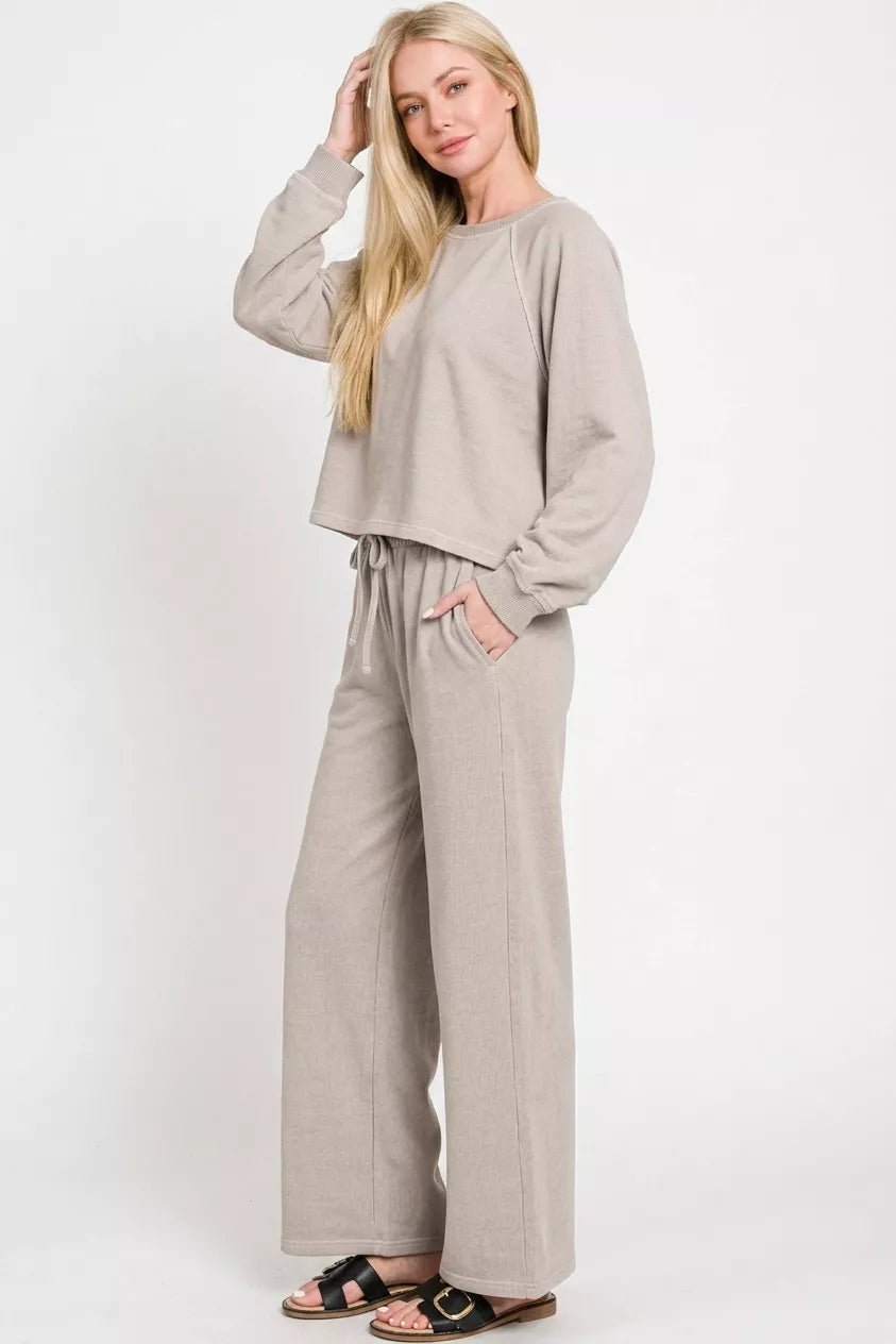 Zenana Washed F/terry Round Neck Pullover & Pants Set - Desert Sunday
