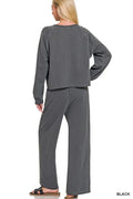 Zenana Washed F/terry Round Neck Pullover & Pants Set - Desert Sunday