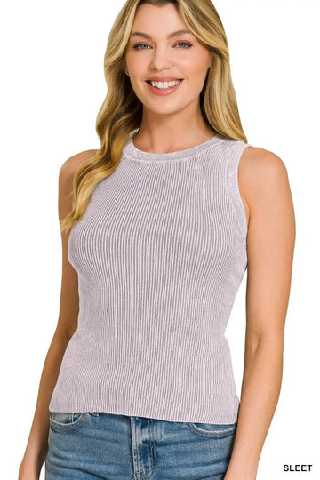 Zenana Washed Ribbed Sweater Tank Top - Desert Sunday