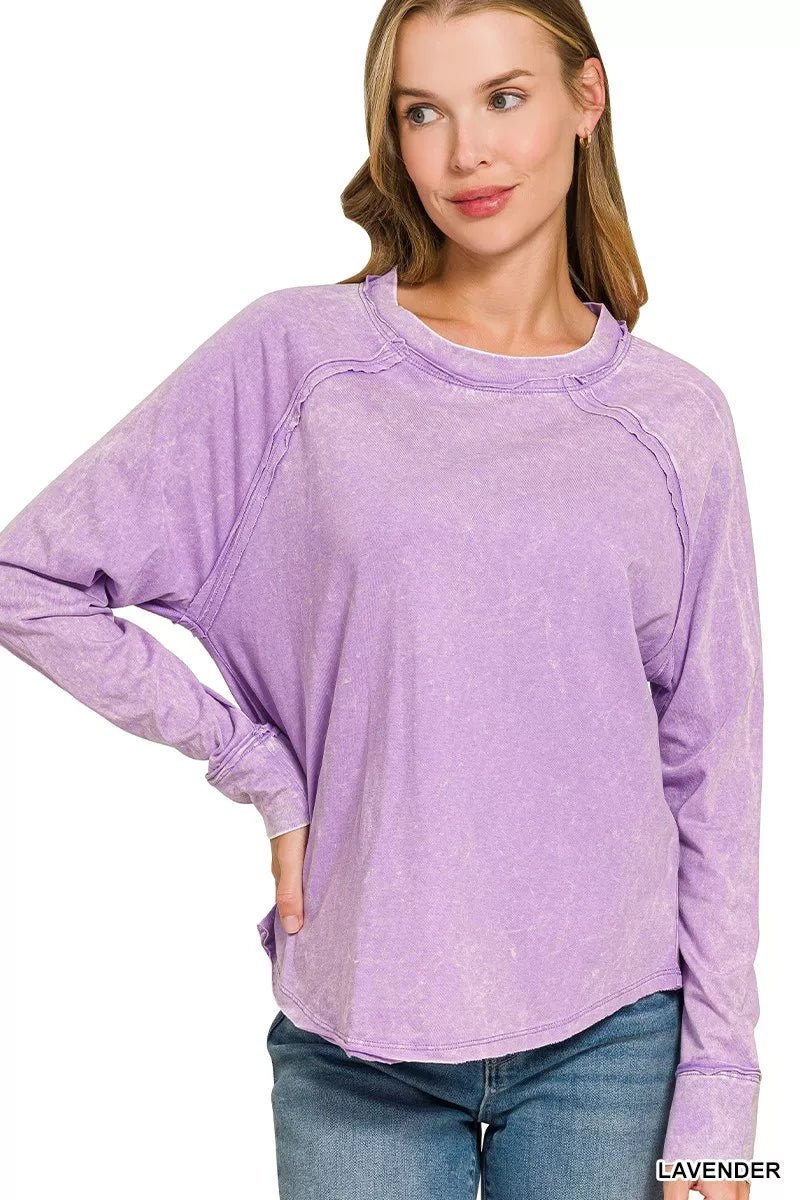 Zenana Washed Round Neck Long Sleeve Top - Desert Sunday