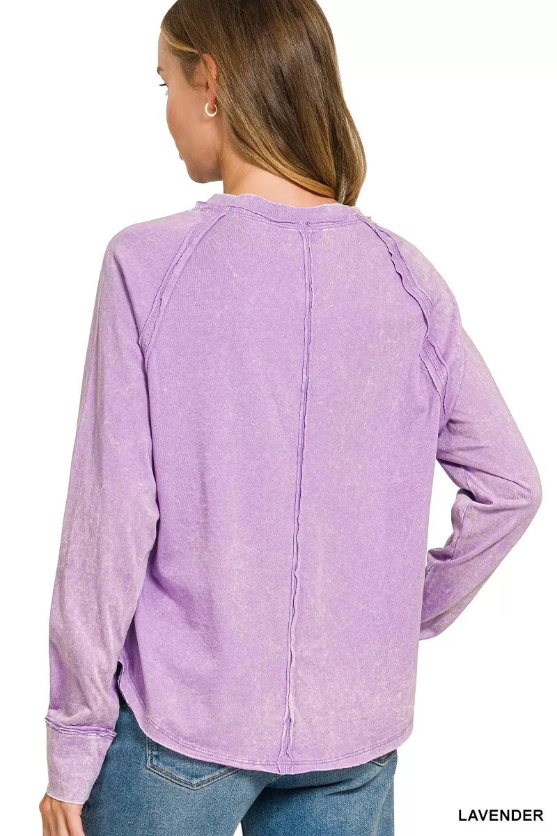Zenana Washed Round Neck Long Sleeve Top - Desert Sunday