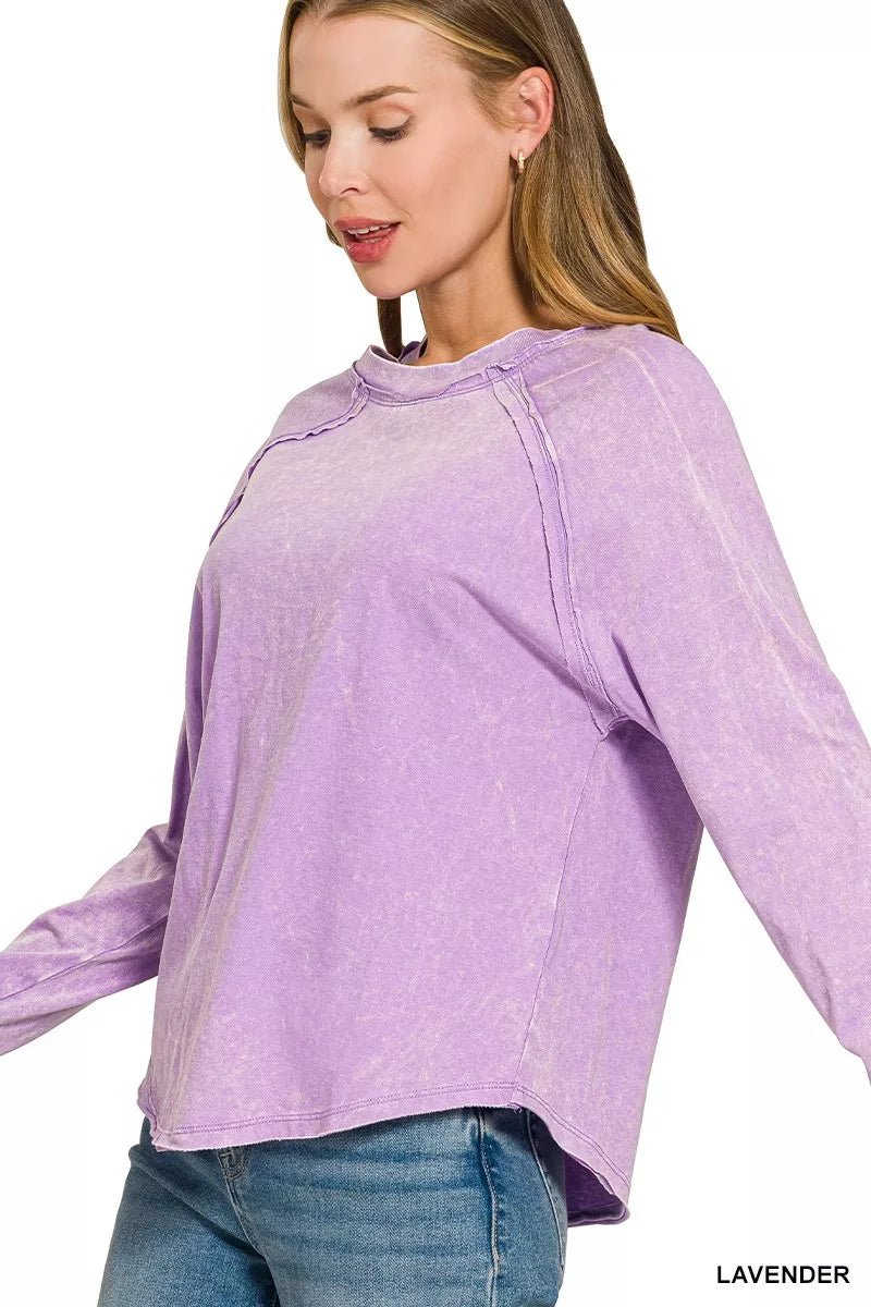 Zenana Washed Round Neck Long Sleeve Top - Desert Sunday