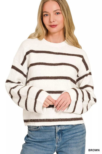 Zenana Wool Blend Striped Sweater - Desert Sunday