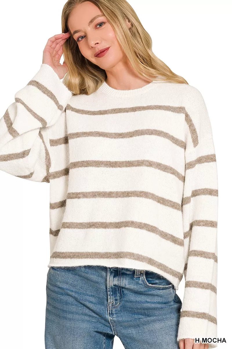 Zenana Wool Blend Striped Sweater - Desert Sunday