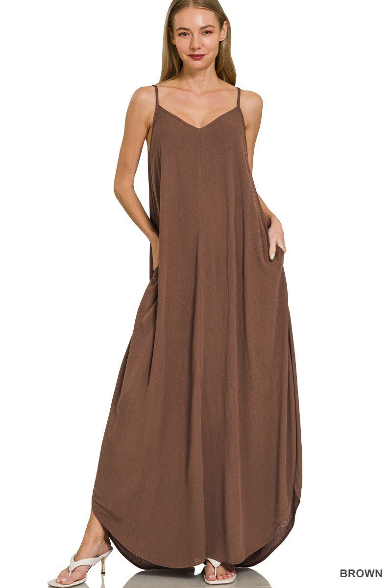 Zenana Woven Crinkle Cami Maxi Dress with Side Pockets - Desert Sunday
