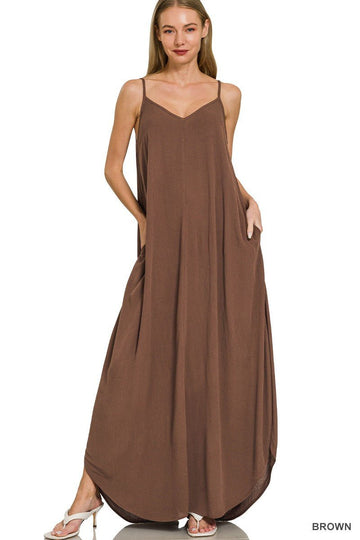 Zenana Woven Crinkle Cami Maxi Dress with Side Pockets - Desert Sunday