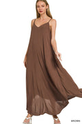 Zenana Woven Crinkle Cami Maxi Dress with Side Pockets - Desert Sunday