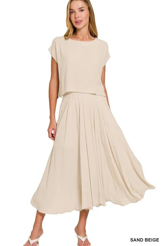 Zenana Woven Crinkle Gauze Crop Tee and Skirt Set - Desert Sunday