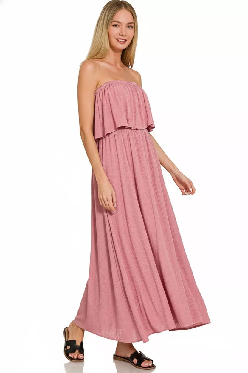 Zenana Woven Crinkle Strapless Maxi Dress - Desert Sunday