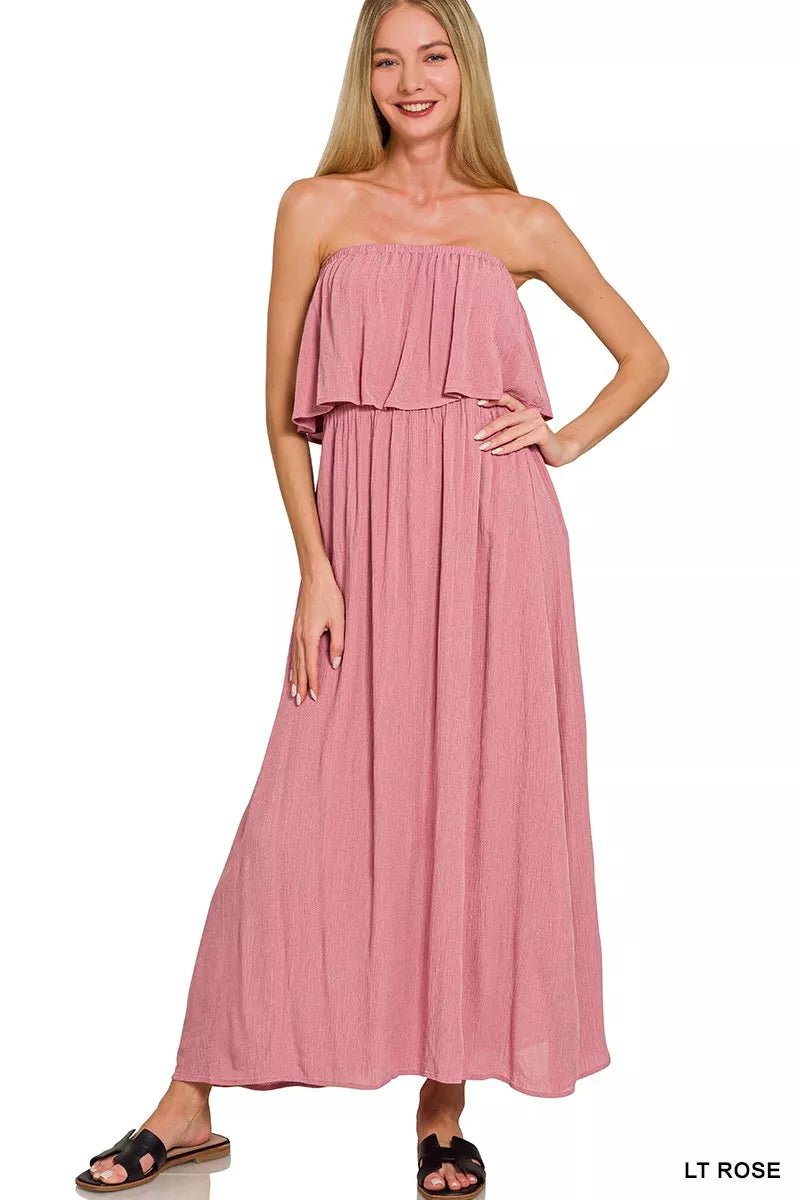 Zenana Woven Crinkle Strapless Maxi Dress - Desert Sunday