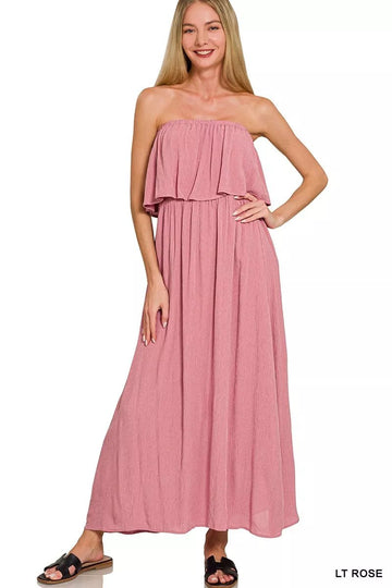 Zenana Woven Crinkle Strapless Maxi Dress - Desert Sunday